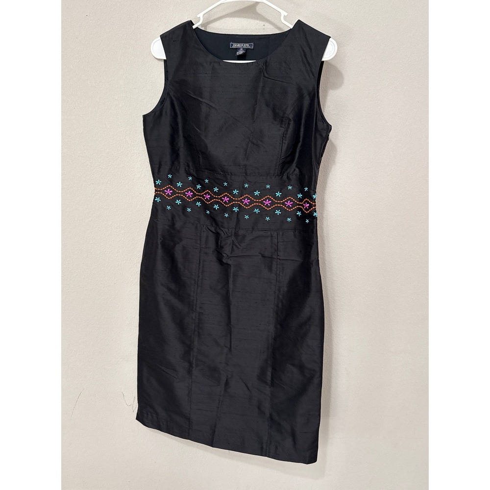 Harold's 100% Silk Dress Women's 8 Black Embroidered Waist‎ Sleeveless Cocktail